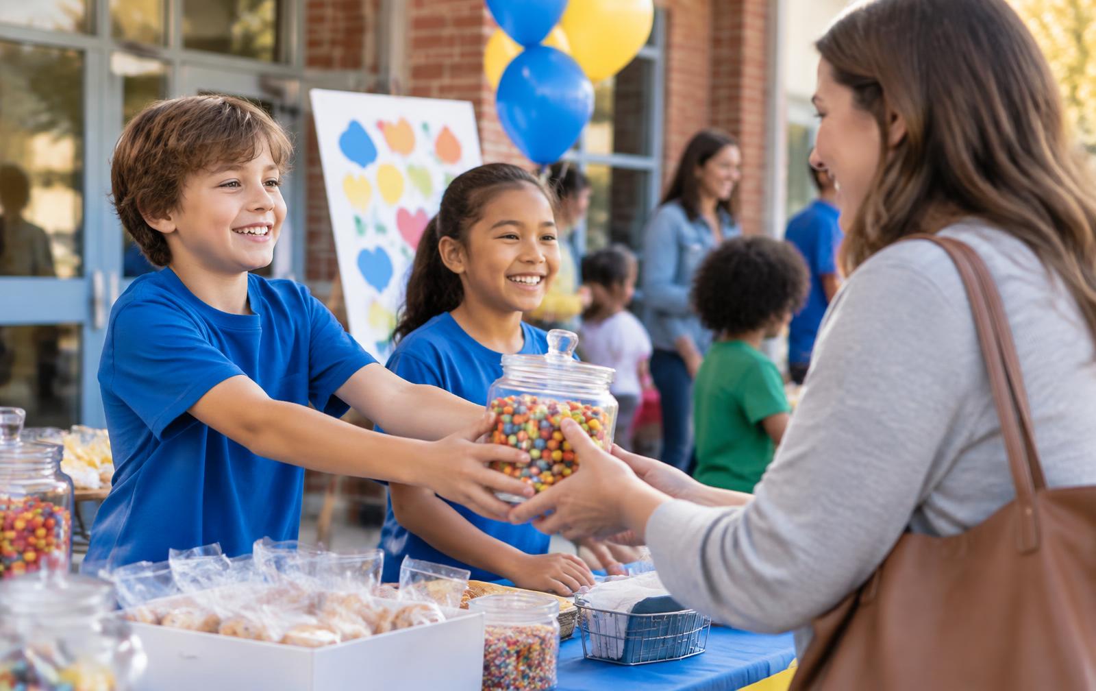 Students selling sweet treats at a school fundraiser table