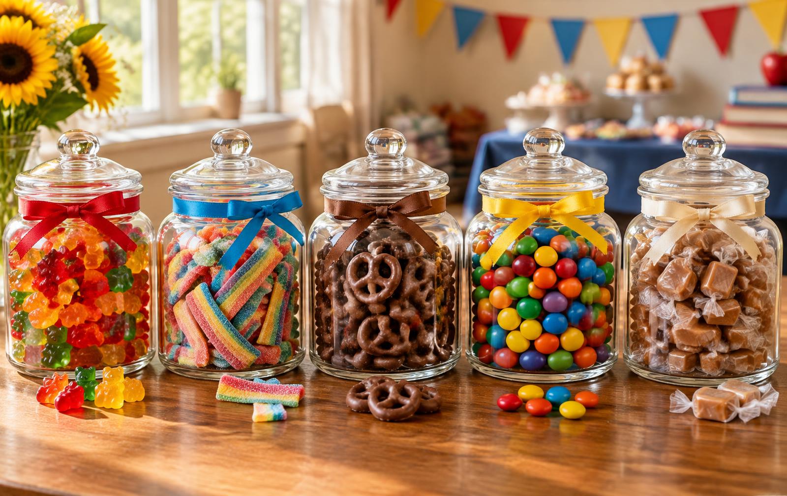A lineup of candy jars and sweet treats ready to sell